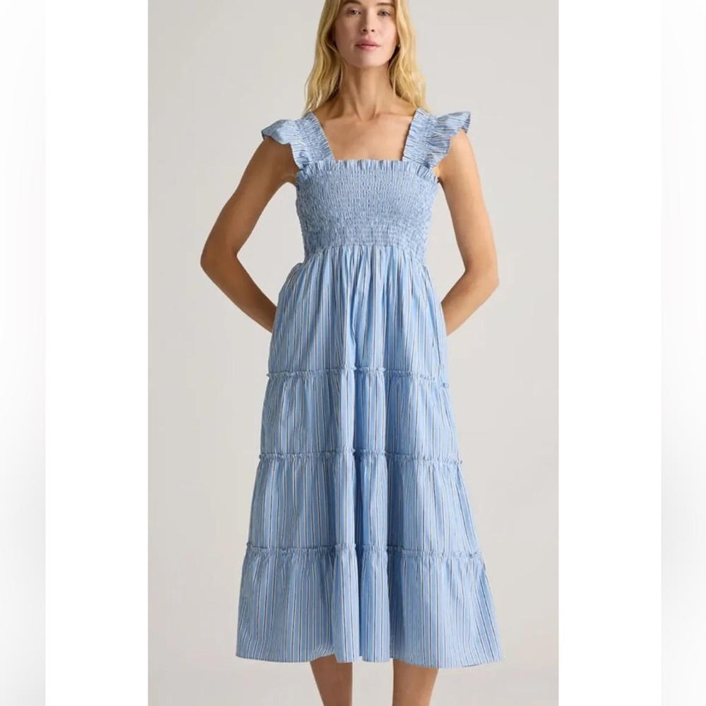 Quince Organic Cotton Poplin Light Blue Striped Midi Dress